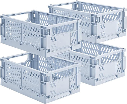 HUUSMOT 4-Pack Small Pastel Plastic Storage Baskets, Collapsible Crates for Organizing, Space-Saving Mini Bins for Classroom, Kitchen, Office, Bedroom (Blue, 9.8" x 6.5" x 3.8")