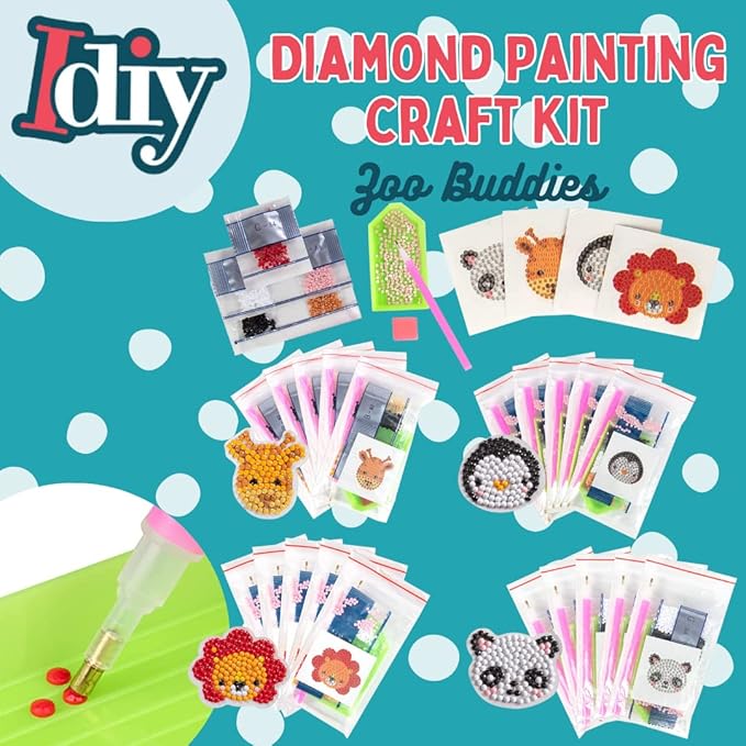 SCS Direct Kid's Birthday Party Diamond Gem Painting Craft Favor Kits -Zoo Buddies- 20 Individually Packaged, All-in-One Packs for Boys & Girls -Fun & Unique Gem Classroom Art Project Activity Gift