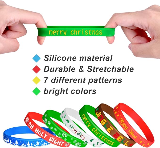 FEPITO 42 Pieces Christmas Silicone Wristbands Rubber Band Bracelets for Christmas Party Decoration Supplies 7 Merry Xmas Style