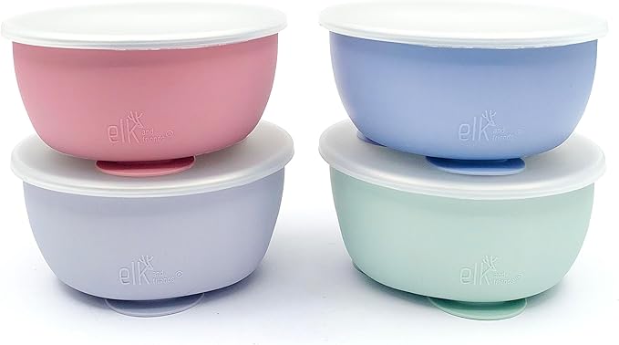 Elk and Friends Stainless Steel Bowls with Silicone Sleeve for Babies & Toddlers | Lids Included | Stay Put Suction | Cereal & Snack Bowls | 4 Pack