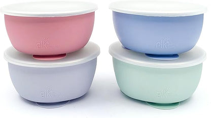 Elk and Friends Stainless Steel Bowls with Silicone Sleeve for Babies & Toddlers | Lids Included | Stay Put Suction | Cereal & Snack Bowls | 4 Pack