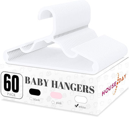 HOUSE DAY Plastic Baby Hangers for Closet 60 Pack, Durable Plastic Kids Hangers for Baby Clothes, Thin & Compact Childrens Hangers, Space Saving White Baby Hangers, Small Hangers for Kids Clothes