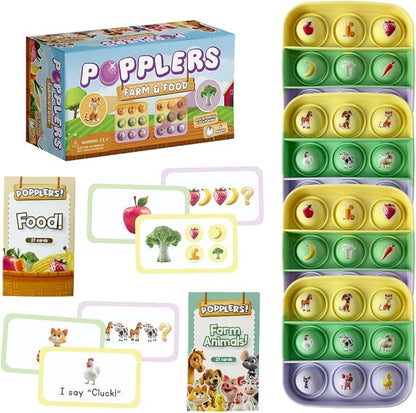 The Fidget Game Popplers, Matching Memory Game for Toddlers Early Learning & Educational Fidget Toy, Food & Farm Animals Popping Game, Teacher Must Have for Matching, Sound Recognition and First Words