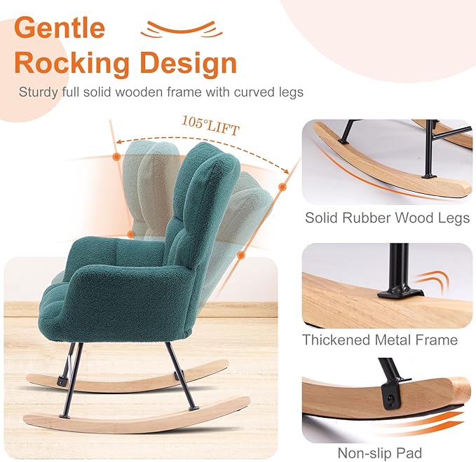 Sweetcrispy Rocking Chair Nursery, Teddy Upholstered Glider Rocker with High Backrest, Reading Chair Modern Rocking Accent Chairs Glider Recliner for Living Room, Nursery, Bedroom