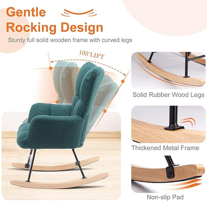 Sweetcrispy Rocking Chair Nursery, Teddy Upholstered Glider Rocker with High Backrest, Reading Chair Modern Rocking Accent Chairs Glider Recliner for Living Room, Nursery, Bedroom