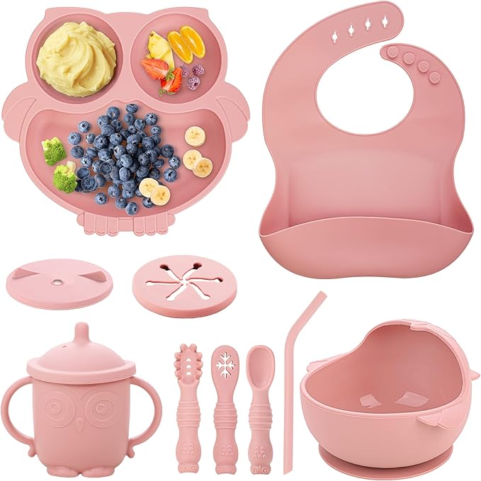 Baby Weaning Set, Silicone Baby Feeding Set(10 Pcs), Toddler Weaning Set with Adjustable Bib, Suction Bowl, Plate, Fork, Spoon, Water & Snack Cup Kit, Baby Led Weaning Kit for Babies and Kids
