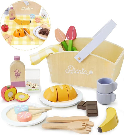 Play Food Sets for Kids Kitchen, Wooden Picnic Basket Playset Toy,Pretend Play Kitchen Food Toy with Cutting Fruits for Toddlers Girls Boys Ages 3+