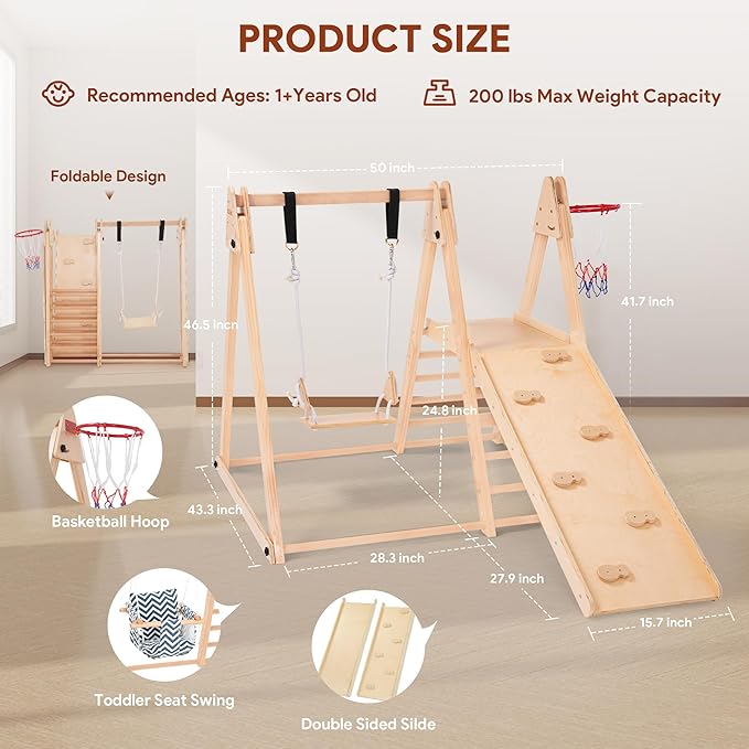 7 in 1 Indoor Jungle Gym for Kids, Foldable Toddler Indoor Playground with Slide, Beechwood & Baby Swing, Climbing Wall & Ladder, Wooden Climbing Toys Playset Gifts for Kids (Wood Color)