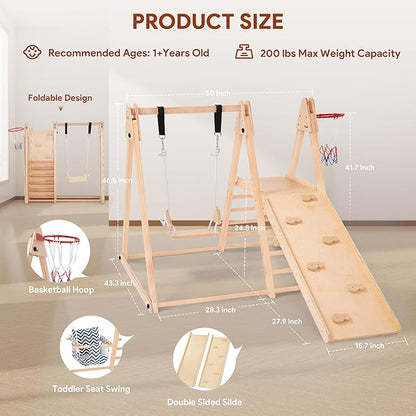 7 in 1 Indoor Jungle Gym for Kids, Foldable Toddler Indoor Playground with Slide, Beechwood & Baby Swing, Climbing Wall & Ladder, Wooden Climbing Toys Playset Gifts for Kids (Wood Color)