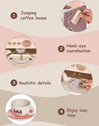 Coffee Maker Wooden Kitchen Toys for Kids, Toddler Coffee Playset, Pretend Coffee Maker for Girls & Boys