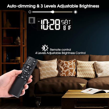 Large Digtal Wall Clock,16.5Inch LED Display Aram Clock with Auto-Dimming,Date,Indoor Temp,UP&Down Timer,12/24H System,Week,for Home Office,Kids, Gym,Classroom,Livingroom. (White)