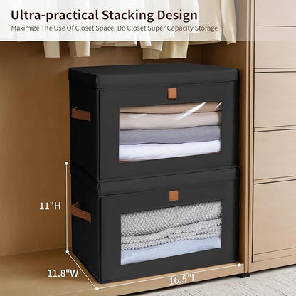 Homsorout Collapsible Storage Bins - Large Stackable Organizer Bins, Decorative Boxes with Handles & Window, Fabric Containers for Living Room, Closet, Dorm, 2 Pack, Black