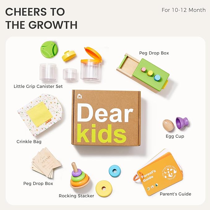 Tiny Land Montessori Toy Set for Babies 1 Year Old Thinker Play Kit- 5-in-1 Wooden Learning Toys with Peg Drop Box, Rocking Stacker, Egg Cup, Canister Set, and Crinkle Bag