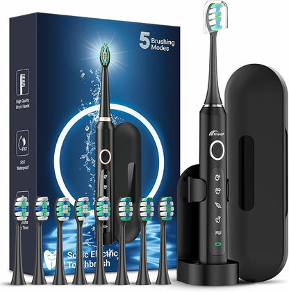 Rtauys M5 Sonic Electric Toothbrush for Adults and Kids - Rechargeable Electric Toothbrush with Electric Toothbrush Cover, 8 Brush Heads & Travel Case, 120 Days Battery Life - BlackSilver