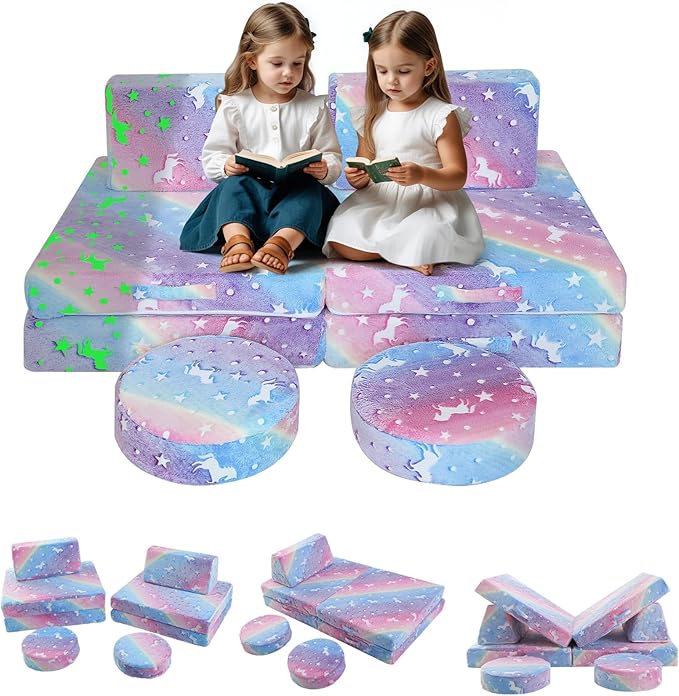 MeMoreCool Modular Glow Sofa for Kids, 8-Piece Convertible Foam Couch Play Set with Unicorn, Rainbow, and Star Pattern for Toddlers and Playroom