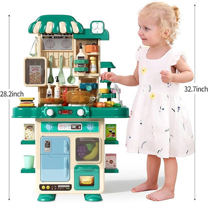 Deejoy Kitchen Playset,48Pcs for Boys and Girls, Kitchen Toys with Realistic Lights&Sounds, Simulation of Spray and Play Sink, Pretend Play Food with Toddler