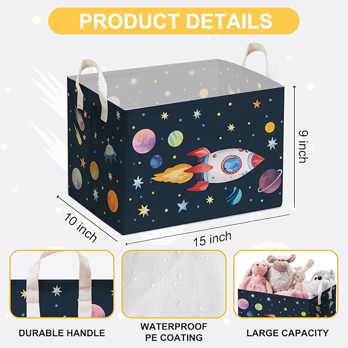 Rocket Storage Basket with Handles, Rockets Foldable Space Organizer, Waterproof Toy Box for Boys Girls, Multi Storage Container for Nursery Room, Rocket Storage for Clothes, Gifts and Home Decor