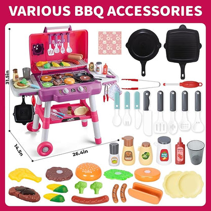 Kids Kitchen Toy Set, Kids BBQ Grill Playset with Smoke Sound Light, 2-Layer Barbecue Toy with Wheel, Simulation Cooking Interactive Toys, Kid Kitchen Playset, Christmas Birthday Gift for Boys Girls