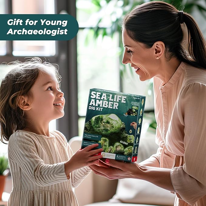 EDUMAN Amber Dig Kit-6 Artificial Sea Life Resin Specimens, Glow in The Dark Oceanlife Fossil Excavation Set, STEM Inspired Educational Toy for Kids Ages 6-12, for Boys & Girls