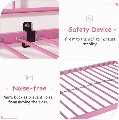 VECELO Twin Over Twin Bunk Bed with Trundle, Convertible Metal Bunkbeds with 2 Ladders and Guardrails, Space Saving, No Box Spring, Pink