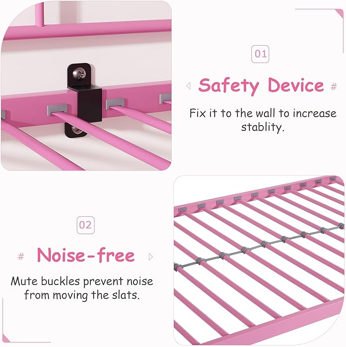 VECELO Twin Over Twin Bunk Bed with Trundle, Convertible Metal Bunkbeds with 2 Ladders and Guardrails, Space Saving, No Box Spring, Pink