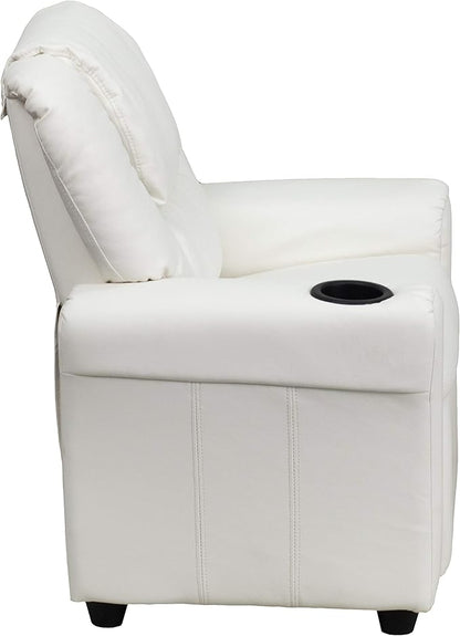 Flash Furniture Vana Vinyl Kids Recliner with Cup Holder, Headrest, and Safety Recline, Contemporary Reclining Chair for Kids, Supports up to 90 lbs., White