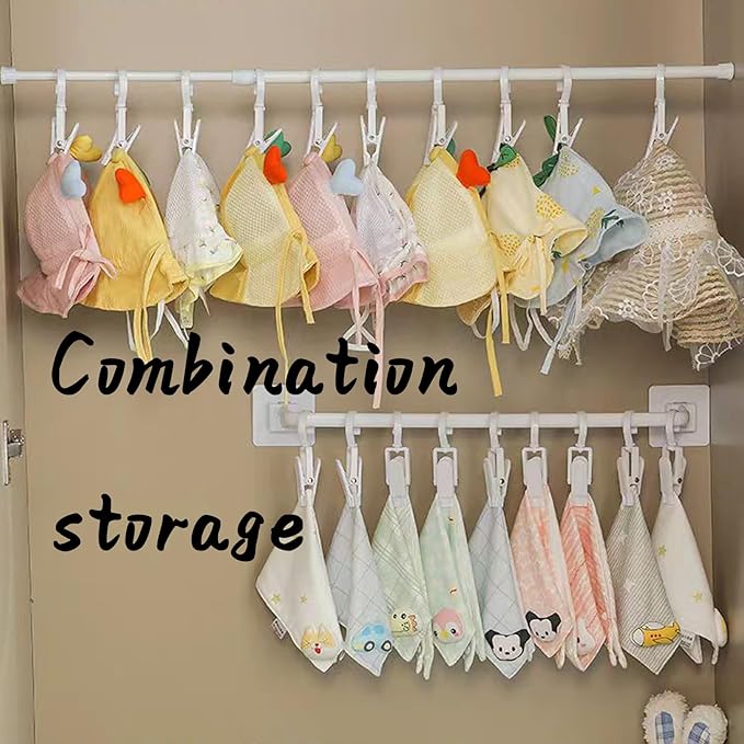 HGYZE Kid Pants Hanger Organizer with 10 Clips: Plastic Baseball Cap Display Holder, White Closet Rail Wall Mounted Door Rack for Drying Baby Socks, Cloth Diapers, Towel, Hats, Toddler Leggings