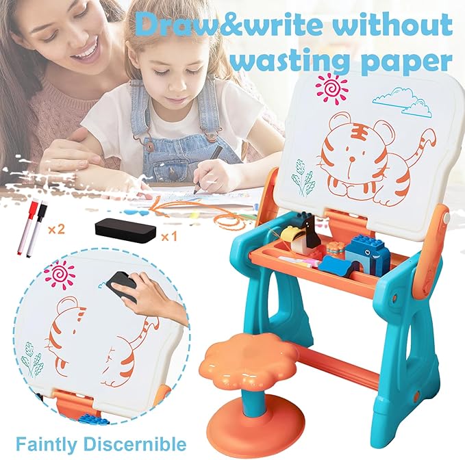 Kids Art Easel with Stool,2-in-1 Double-Sided Kids White Board Easel and Building Block Activity Table-Includes 88 Building Blocks, Art Easel for Kids 3-5, Toys for Toddlers, Boys and Girls