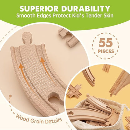 Tiny Land 55PCS Wooden Train Set - Compatible with Major Brand Tracks, Educational Toy for Toddlers & Kids Ages 3-7, Durable Wooden Railway Tracks