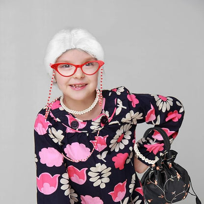 9 PCS 100 Days of School Old Lady Wig Set Include Wig Glasses Necklace Bracelet Glasses Chain Bag Cane and Stickers
