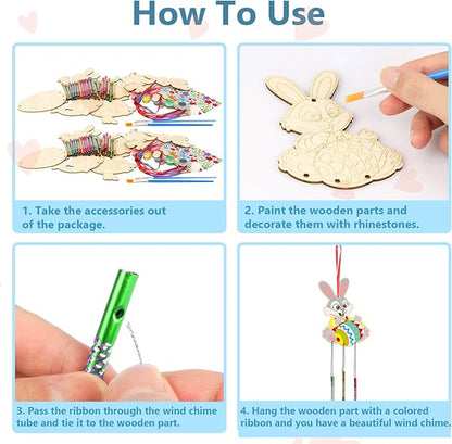 Fennoral 30 Pack Easter Wind Chime Kit for Kids Make You Own Bunny Egg Wind Chimes DIY Coloring Wooden Easter Art and Craft for Easter Hanging Ornaments Easter Party Decoration