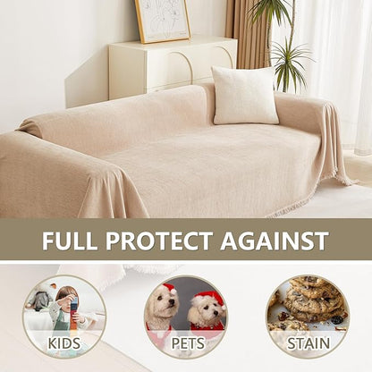 MYSKY HOME Couch Cover 3 Cushion Sofa with Tassel Chenille Sofa Covers Couch Covers for 3 Cushion Couch Sofa Slipcovers for Sectional l Shaped Couch Dogs Protector Furniture Covers, 91" X150", Khaki
