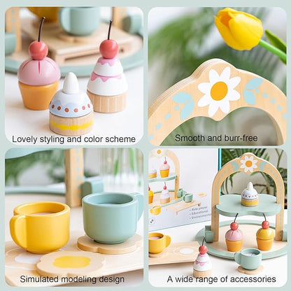 Garden Series Cake Toy Tea Party Set Desserts Food Toy with Cupcake Stand, Kids Pretend Play Kitchen Accessories, Wooden Play Food Set Toy Baking Gift for 3 4 5 Years Old Girls Boys