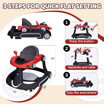 Baby Walker with Wheels, 5-in-1 Foldable Infant Toddler Walker for Boys Girls 6-18 Month, Music Walker for Baby with Car Steering Wheel &Removable Footrest,Baby Push Walker in Red and Black