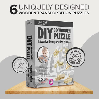 Hands Craft DIY 3D Wooden Puzzle – 6 Assorted Transportation Bundle Pack Set Brain Teaser Puzzles Educational STEM Toy Adults and Kids to Build Safe and Non-Toxic Easy Punch Out Premium Wood JP2B3