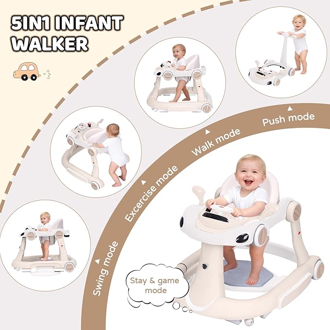 Baby Walker with Wheels, 5-in-1 Foldable Infant Toddler Walker for Boys Girls 6-18 Month, Music Walker for Baby with Car Steering Wheel &Removable Footrest,Baby Push Walker Beige