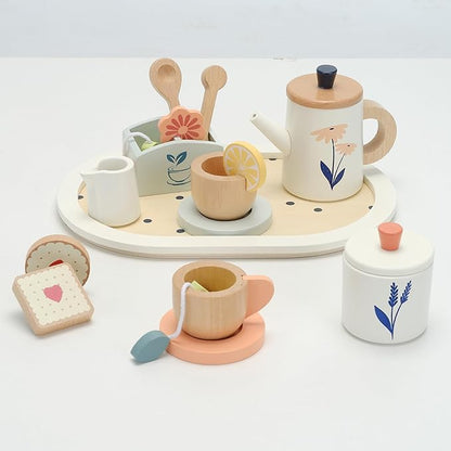 PairPear Wooden Tea Set for Toddlers,Wooden Toys Tea Party Set Play Kitchen Accessories for Kids Girls and Boys 3 Years and up,Toddler Princess Tea Time Party Food Toys