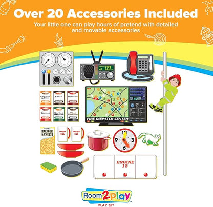 Fire Station - Large Kids Pretend Play Set for Toddlers Ages 3+ Years –Wooden Toy Playset Folds Away for Easy Storage with 20 Fun & Interactive Pieces