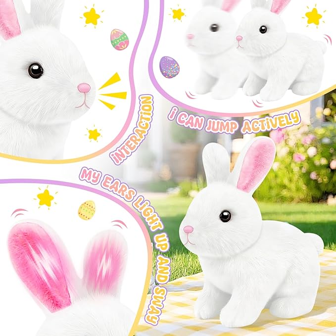 Realistic Bunny for Kids - Interactive Hopping Bunny Toy Set with Bunny Ears, Electric Lifelike Robot Rabbit that Move, Walking Barking and Wagging Tail Bunby Stuffed Animal with Sounds,White
