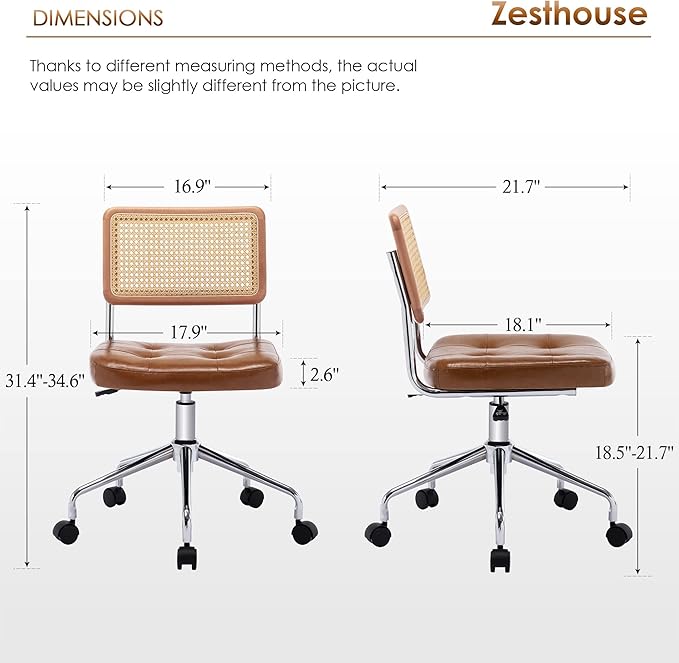 Zesthouse Mid Century Home Office Chair Leather Desk Chair with Rattan Back, Vanity Chair for Girls Women, Upholstered Swivel Chair, Adjustable Height Computer Task Chair