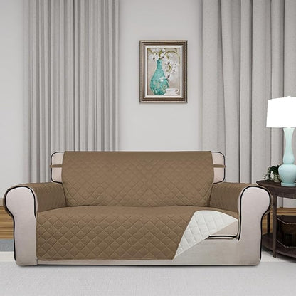 PureFit Reversible Quilted Sofa Cover, Water Resistant Slipcover Furniture Protector, Washable Couch Cover with Non Slip and Elastic Straps for Kids, Dogs, Pets (Oversized Loveseat, Camel/Ivory)
