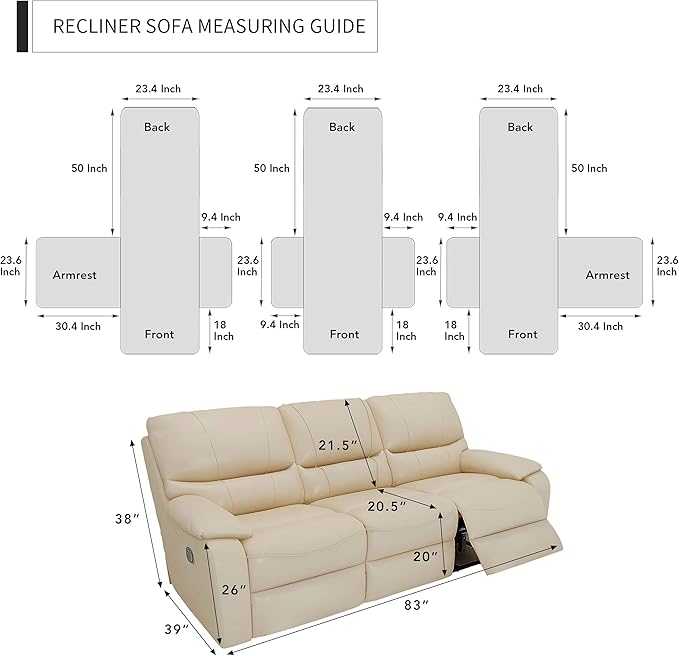Easy-Going Recliner Sofa Cover, Reversible Couch Cover for 3 Seat Recliner, Split Sofa Cover for Each Seat, Furniture Protector with Elastic Straps for Kids, Dogs, Pets(3 Seater, Black/Beige)