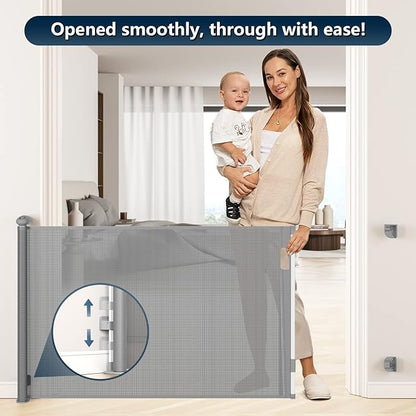 Bulubaky Extra Tall Safety Retractable Baby Gate Adjustable Wide Retractable Dog Gate Mesh Baby Gate Child Gate for Doorway, Hallway, Stair Gates for Kids or Pets (Grey, 33" Tall x 110")