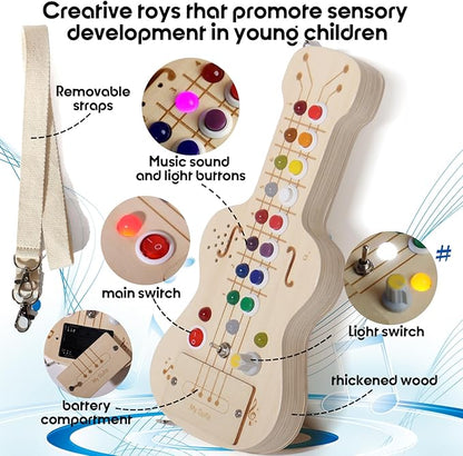 LED Busy Board, Wooden Sensory Toys for Toddler, Montessori Music Toy for Airplane, Travel Activity Educational Learning Toy, Busy Light Switch Autism Toys, Birthday Boys Girls Gifts