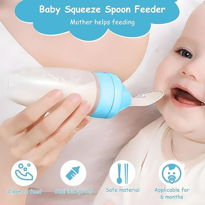 WAJIAYON Baby Food Feeder 4 Pack Silicone Baby Food Dispensing Spoon-3 oz Squeeze Feeding Spoons with Suction Cup for Boys Girl Kids Toddlers - Self Feeding Bottle Spoon-Sky Blue