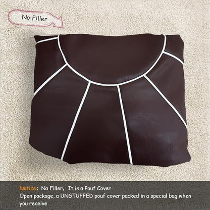 Louis Donné Unstuffed Pouf Ottoman Cover, Handmade Moroccan Foot Stool for Foot Rest, Round Faux Leather Small Bean Bag with Storage Solution, Floor Pouffe Footstool for Living Room, Bedroom Balcony