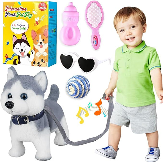 Marsjoy Husky Walking Dog Toy for Girls Barking Puppy with Control Leash, Realistic Wagging Tail Robot Interactive Musical Dancing Animated Plush Stuffed Animal Electronic Pet for Kids Toddlers