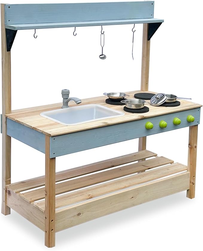 Mud Kitchen Playset for, Outdoor Wooden Toy Play Kitchen Set for Boys and Girls, Kitchen Accessories and Garden Sink with Faucet, Blackboard, Cookware Pot (Blue1)