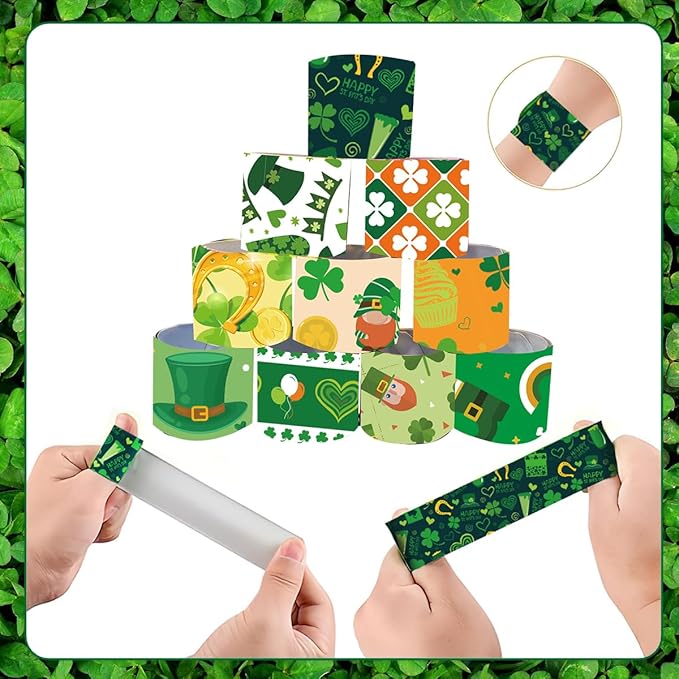 24Pcs St. Patrick's Day Slap Bracelets Green Shamrock Hat Beer Slap Bands Irish Clover Wristbands Snap Bracelets for Boys Girls Women Birthday Saint Patrick's Party Supplies