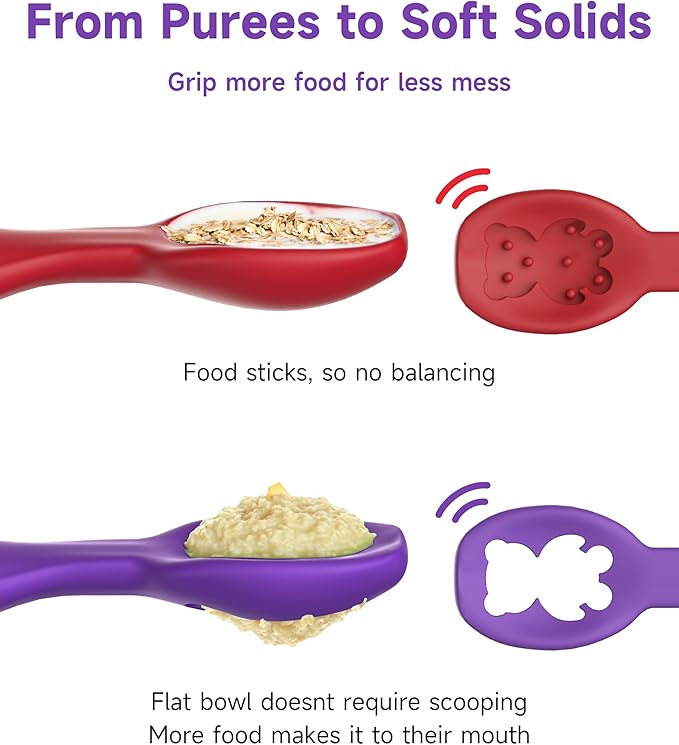 2 Pack Baby Spoons, First Stage Spoons, Food Grade Silicone, 6+ Months, Teething for Self Feeding, Toddler Utensils for Baby Led Weaning, BPA Free